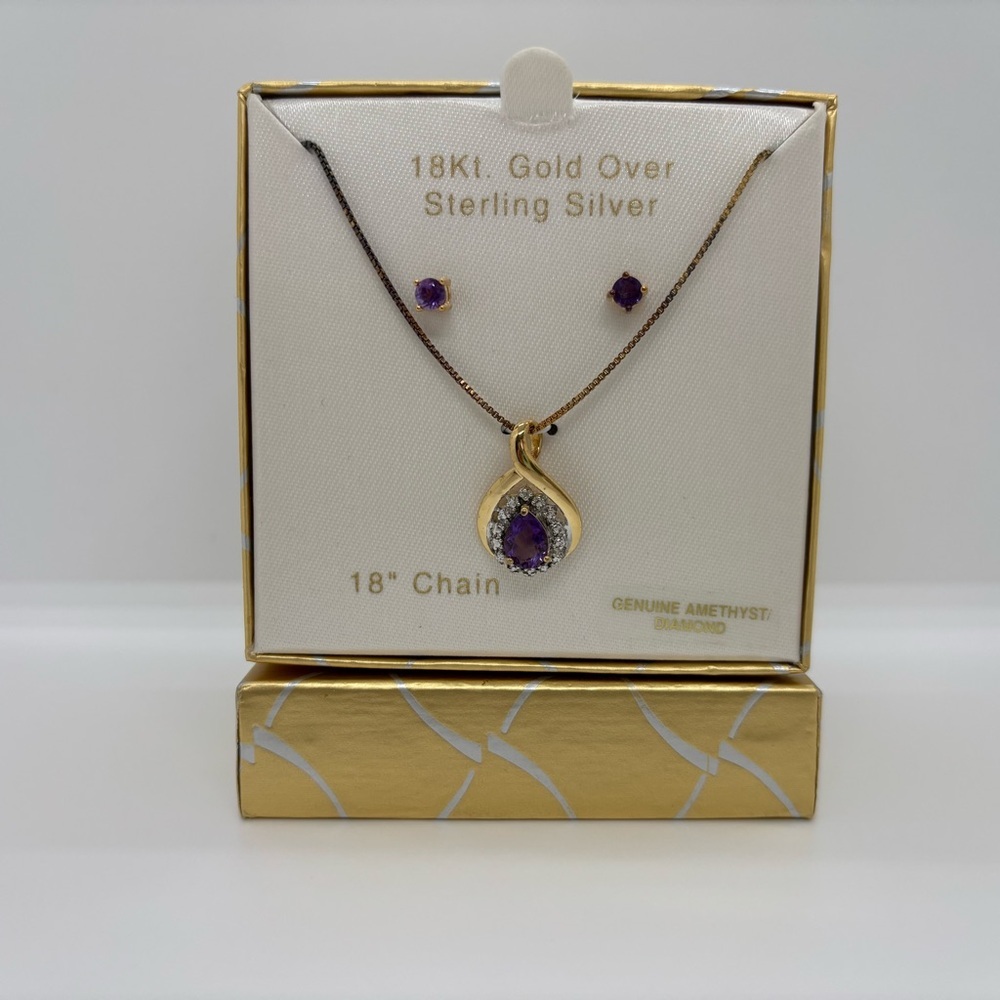 NEW 18K Gold /Silver Amethyst & Diamond Necklace + Stud Earrings Set – 18”